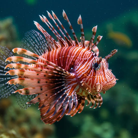 Un colorido pez le&oacute;n rojo y blanco, con llamativas aletas y espinas rayadas, nada a trav&eacute;s de un arrecife de coral de color verde azulado, creando una ex&oacute;tica escena submarina.